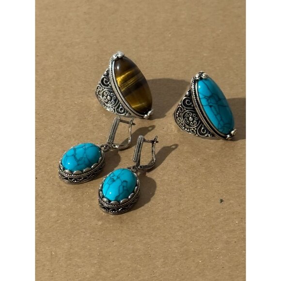 Beonon Tiger Eye Natural Gemstone Sterling Silver Jewelry Ring & Ear Ring Set - Picture 1 of 5